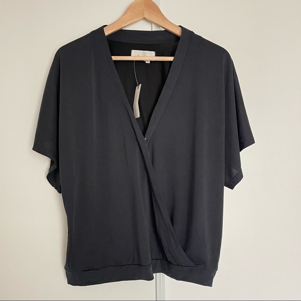 Anthropologie Ayla Surplice Cross Front Black Flutter Sleeves Top Sz M